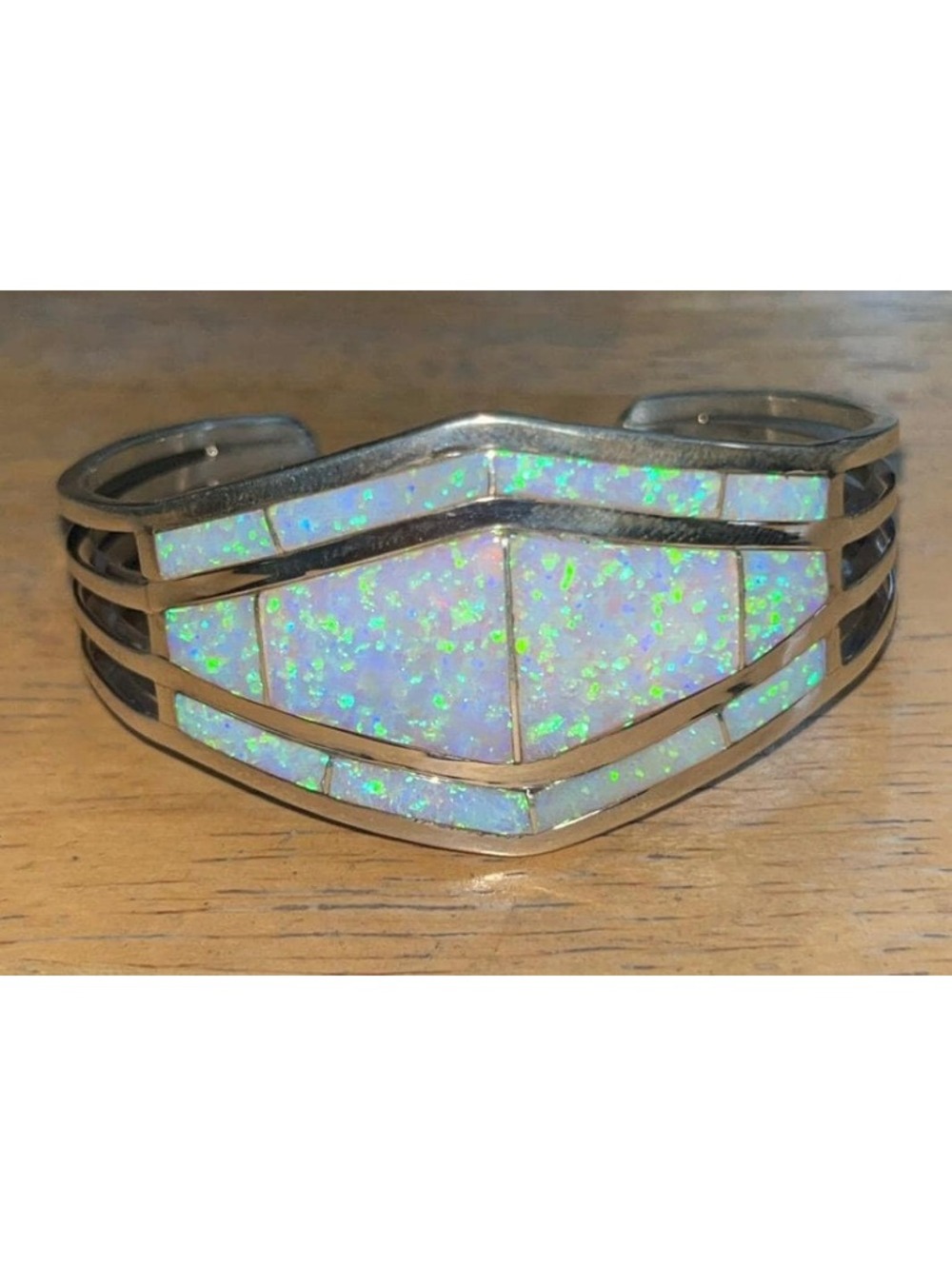 Navajo handmade sterling silver white opal inlay bracelet cuff -Andrew Enrico